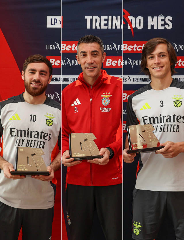 Bruno Lage (Treinador do M&#234;s) ladeado por K&#246;kc&#252; (M&#233;dio do M&#234;s) e &#193;lvaro Carreras (Defesa do M&#234;s)