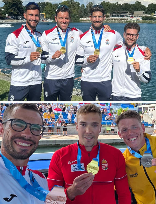 Fernando Pimenta com medalha de bronze na prova de K1 1000 metros; Jo&#227;o Ribeiro, Messias Baptista e Pedro Casinha com a medalha de ouro em K4 500 metros