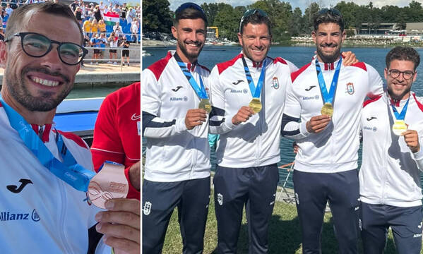 Fernando Pimenta com medalha de bronze na prova de K1 1000 metros; Jo&#227;o Ribeiro, Messias Baptista e Pedro Casinha com a medalha de ouro em K4 500 metros
