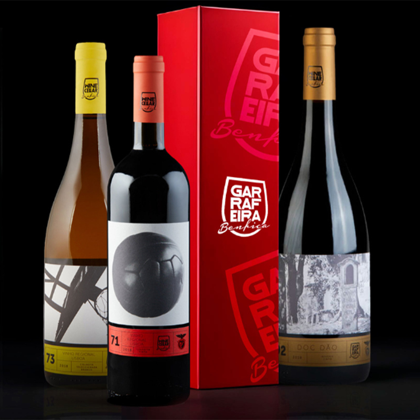 Conjunto de garrafas de vinho da Garrafeira Benfica