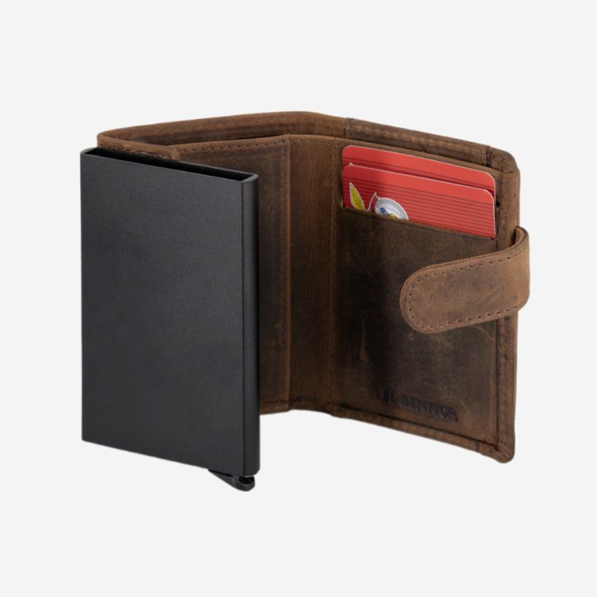 Tarjetero marrón con expulsor y clip SL Benfica